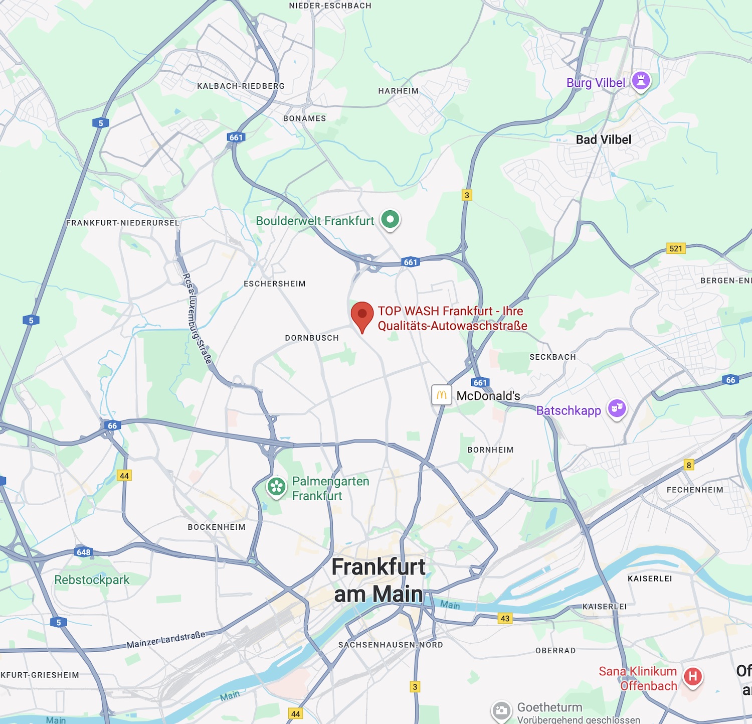 Top Wash Autowaschstraße Frankfurt am Main Karte